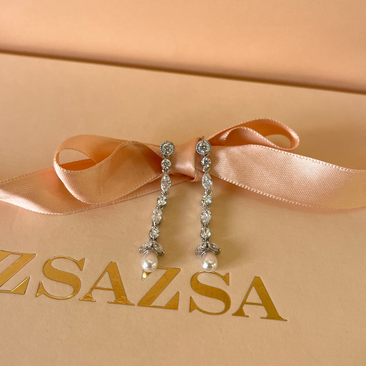 Marquise zircone and white pearls white gold plated earrings