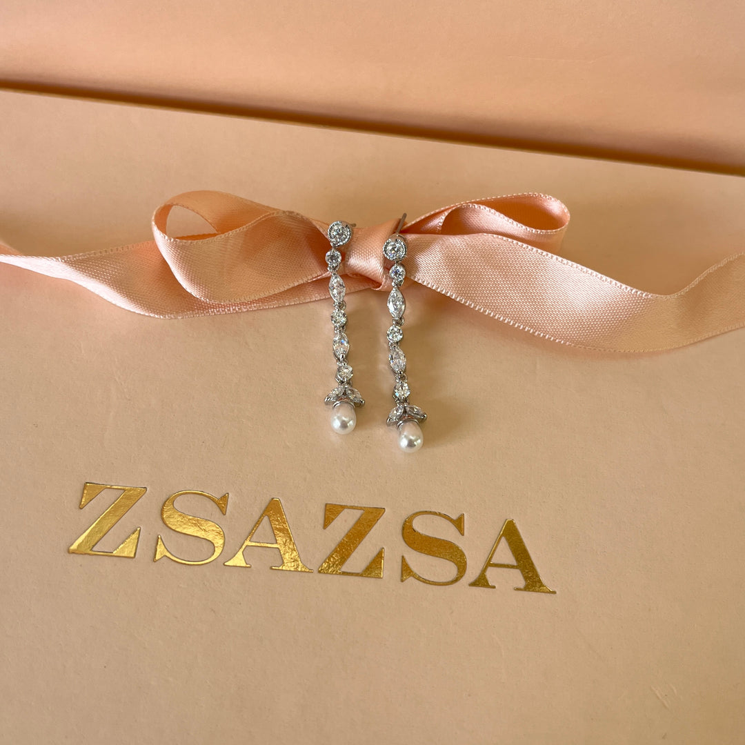Marquise zircone and white pearls white gold plated earrings