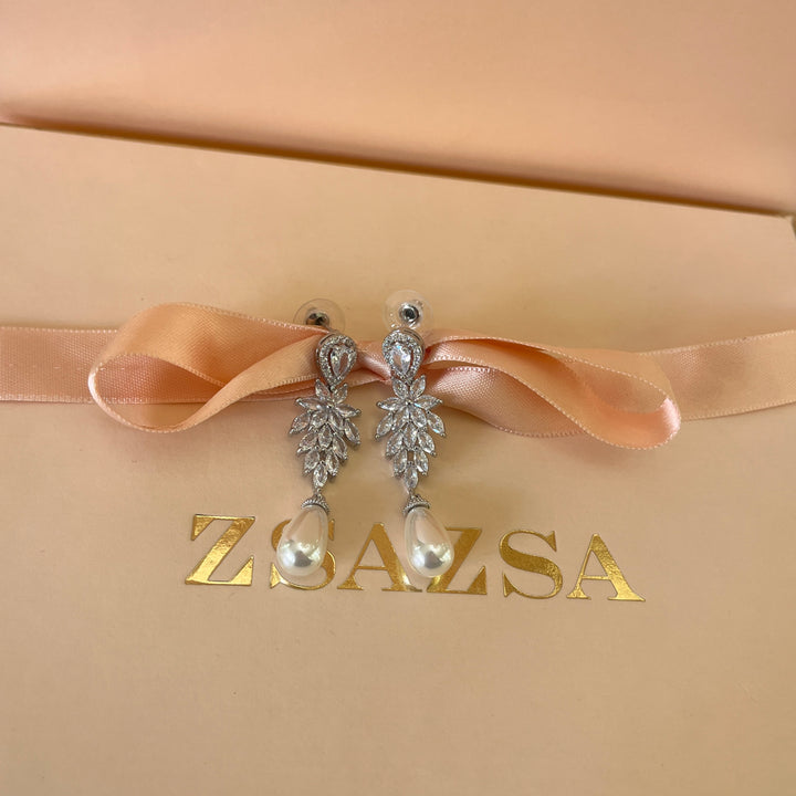 Marquise zircone and white pearls white gold plated earrings