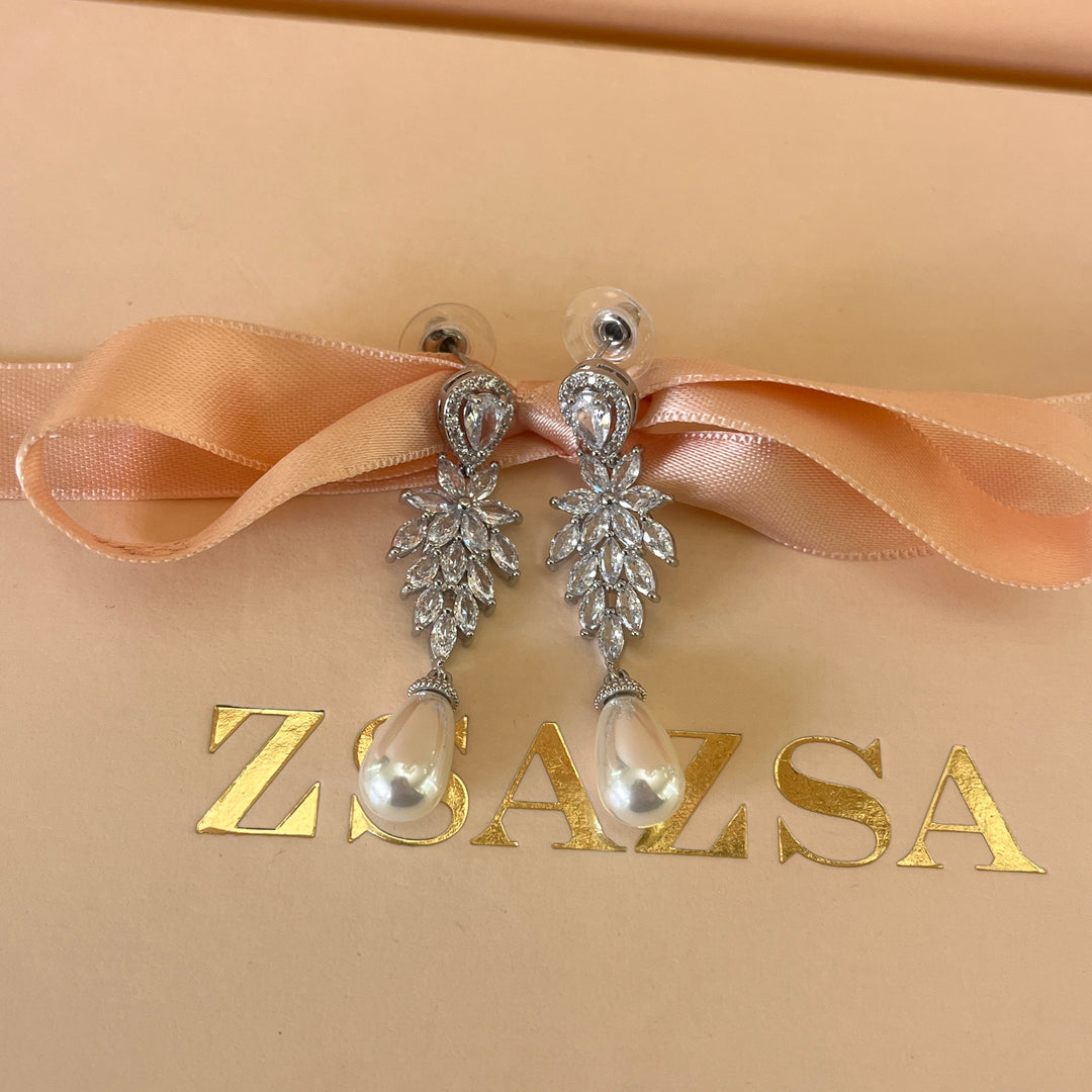 Marquise zircone and white pearls white gold plated earrings