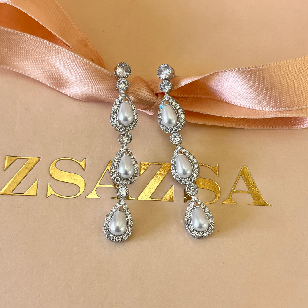 Zircone and teardrop white pearls white gold plated earrings