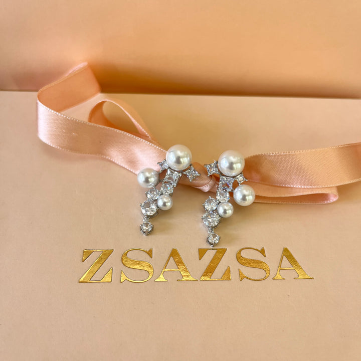 Zircone and white pearls white gold plated earrings