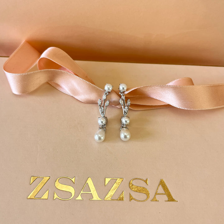 Marquise Zircone and white pearls white gold plated earrings