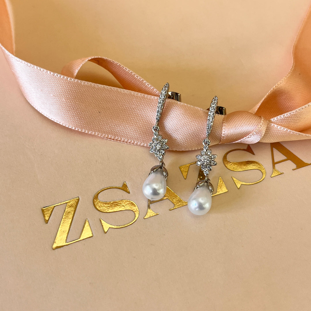 Zircone and white pearl white gold plated earrings
