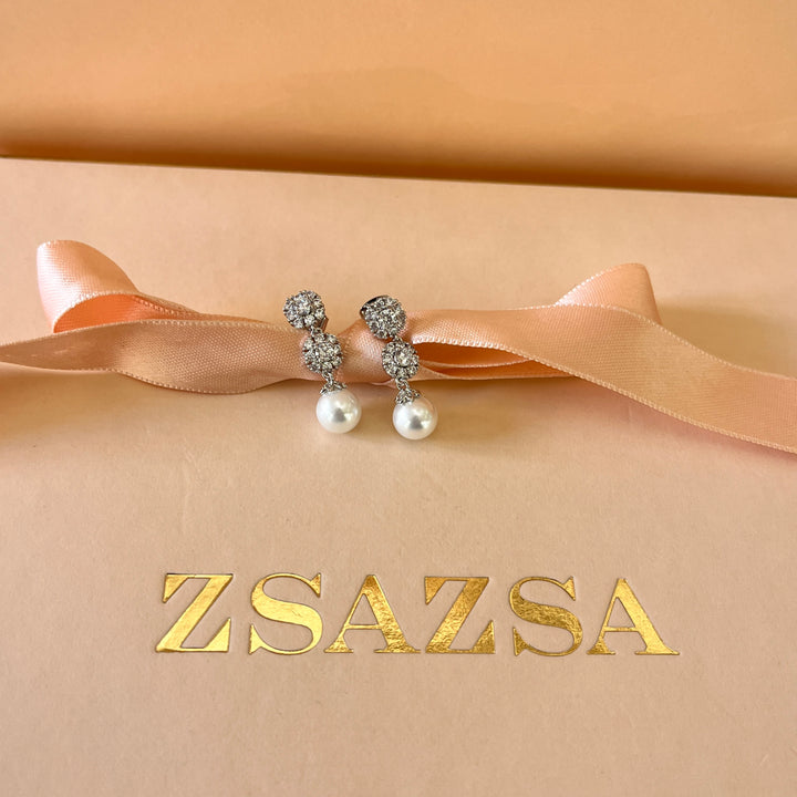 Flower zircone and white pearls white gold plated earrings