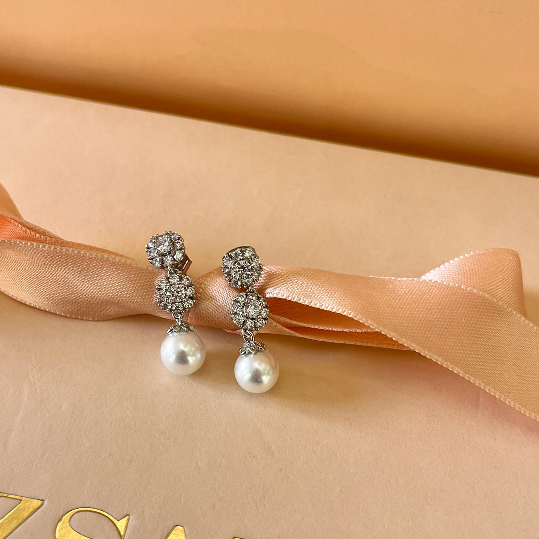 Flower zircone and white pearls white gold plated earrings