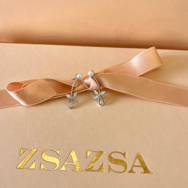 Marquise zircone and white pearls white gold plated earrings