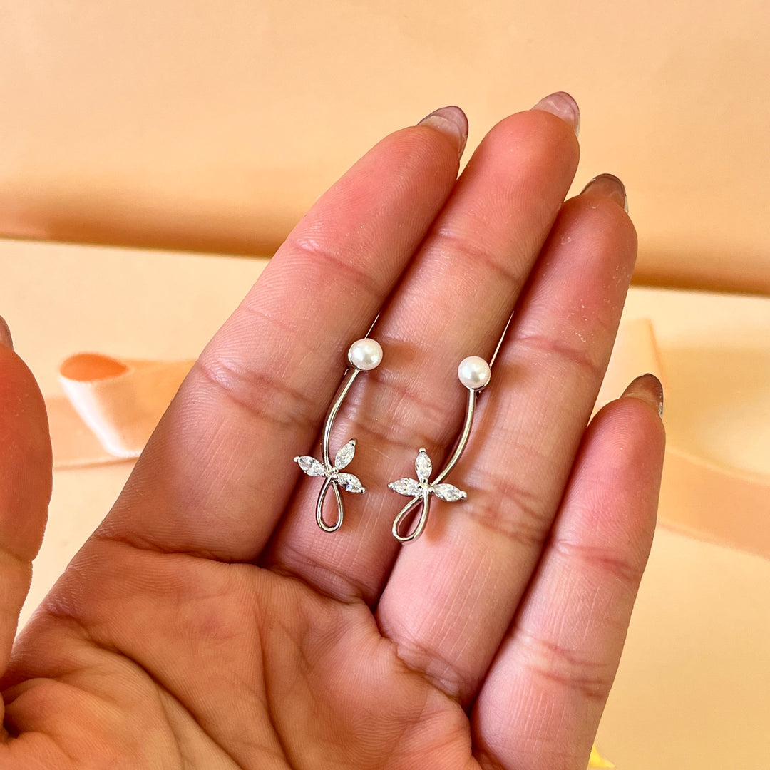 Marquise zircone and white pearls white gold plated set