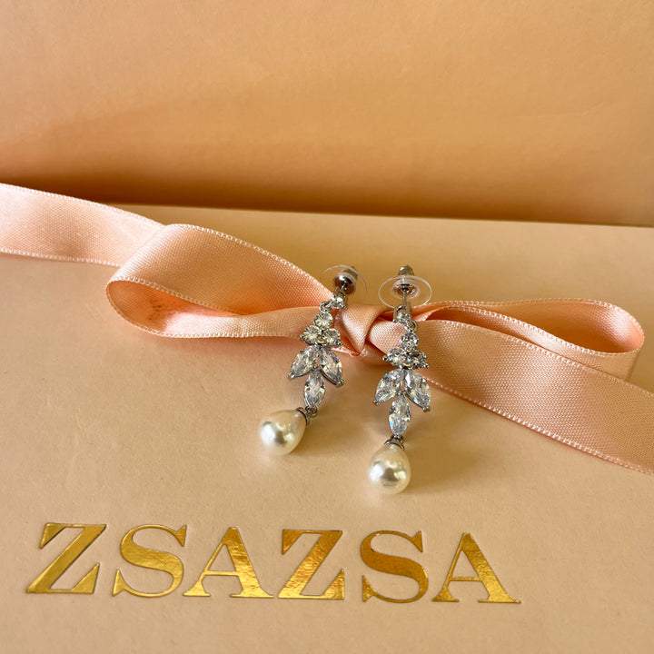 Marquise zircone and ivory pearls white gold plated earrings