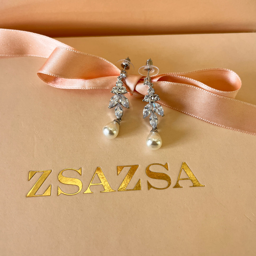 Marquise zircone and ivory pearls white gold plated earrings