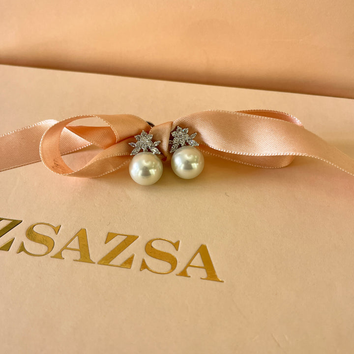 Marquise zircone and white pearls white gold plated earrings