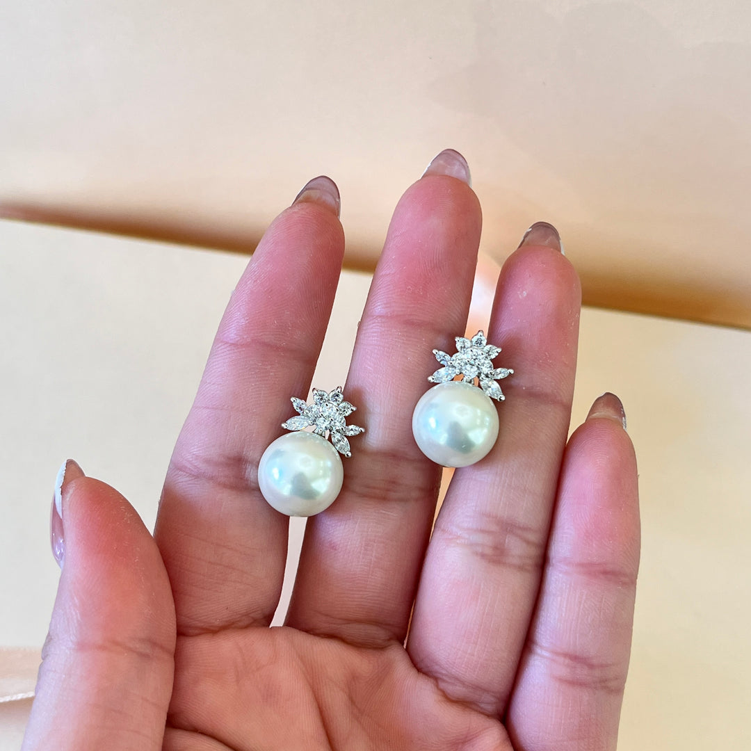 Marquise zircone and white pearls white gold plated earrings