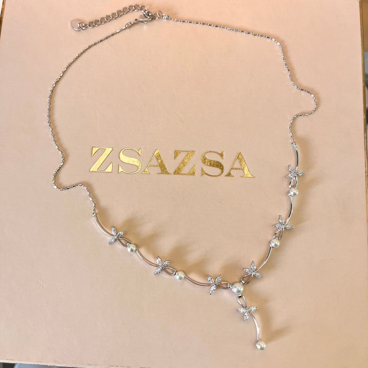 Marquise zircone and white pearls white gold plated set