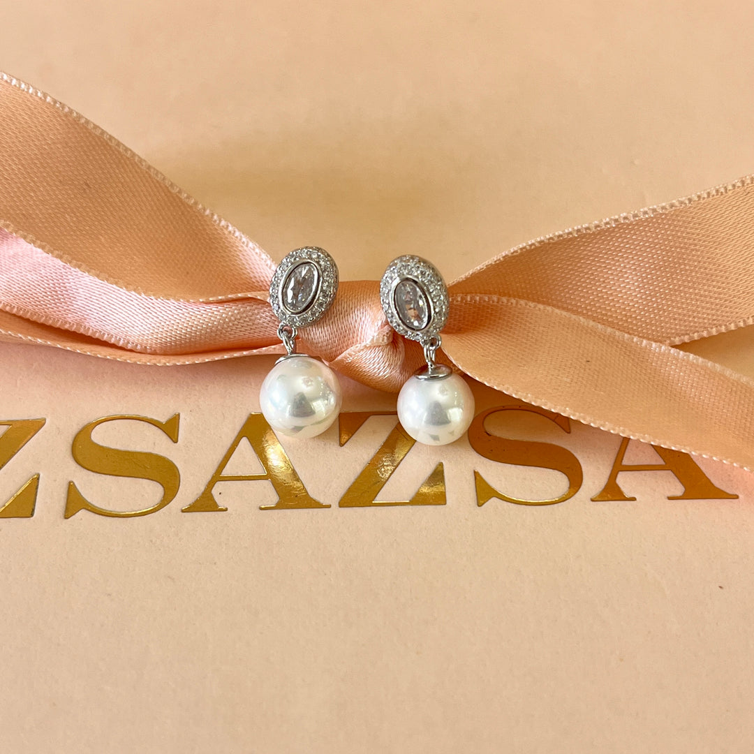 Oval zircone and white pearls sterling silver earrings
