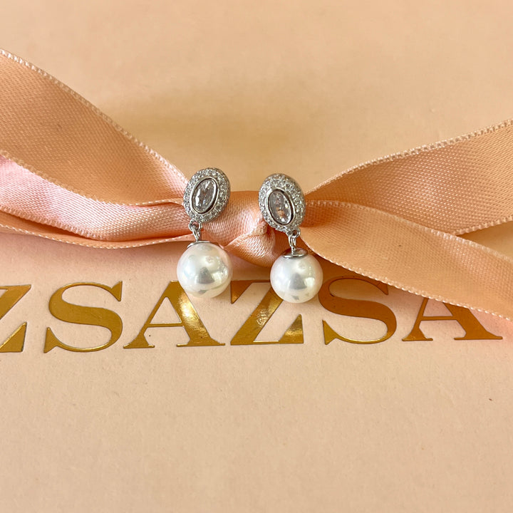 Oval zircone and white pearls sterling silver earrings