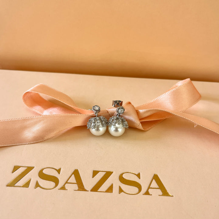 Zircone and white pearls white gold plated earrings