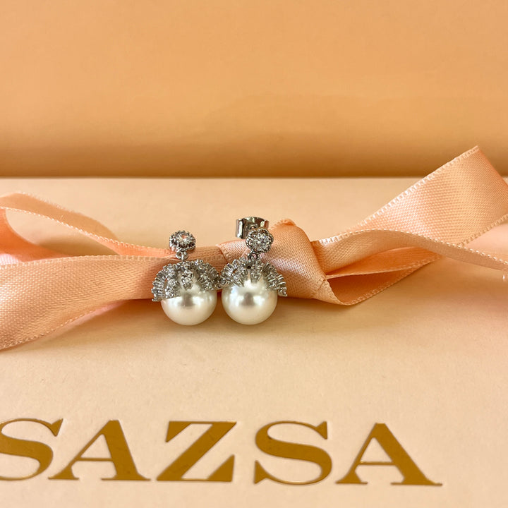 Zircone and white pearls white gold plated earrings