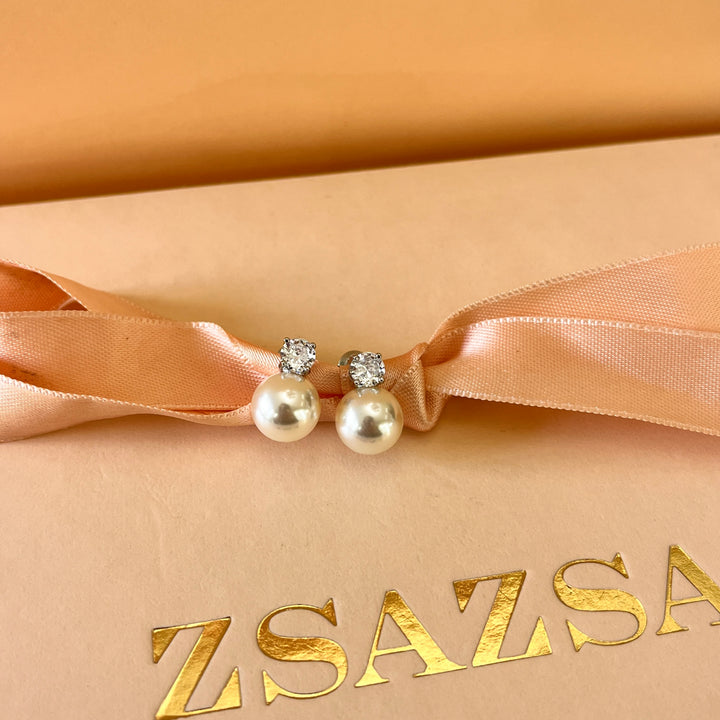 Zircone and ivory pearls white gold plated studs