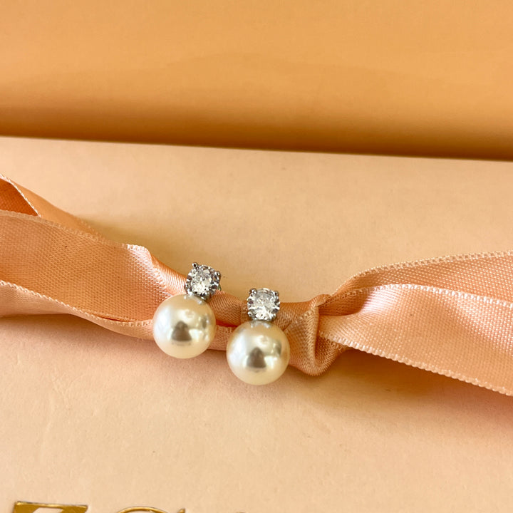 Zircone and ivory pearls white gold plated studs