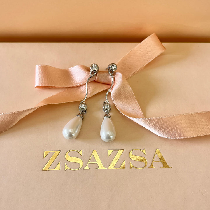 Zircone and white pearls white gold plated earrings