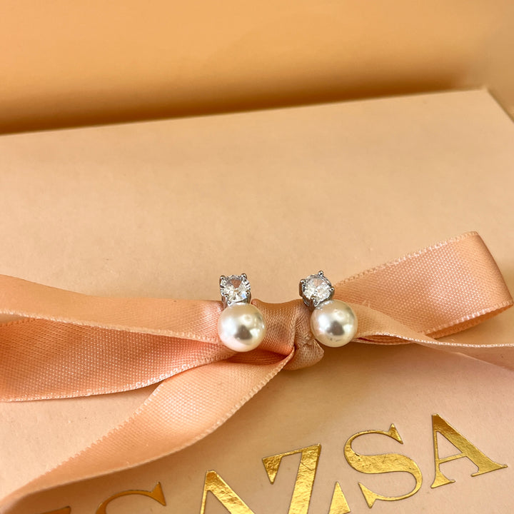 Zircone and ivory pearls white gold plated studs