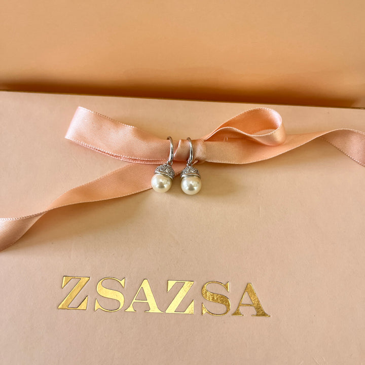 Zircone and ivory pearls white gold plated earrings