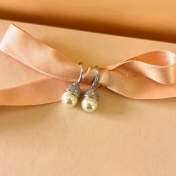 Zircone and ivory pearls white gold plated earrings