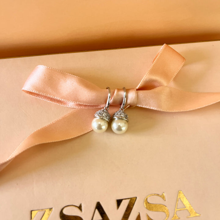 Zircone and ivory pearls white gold plated earrings