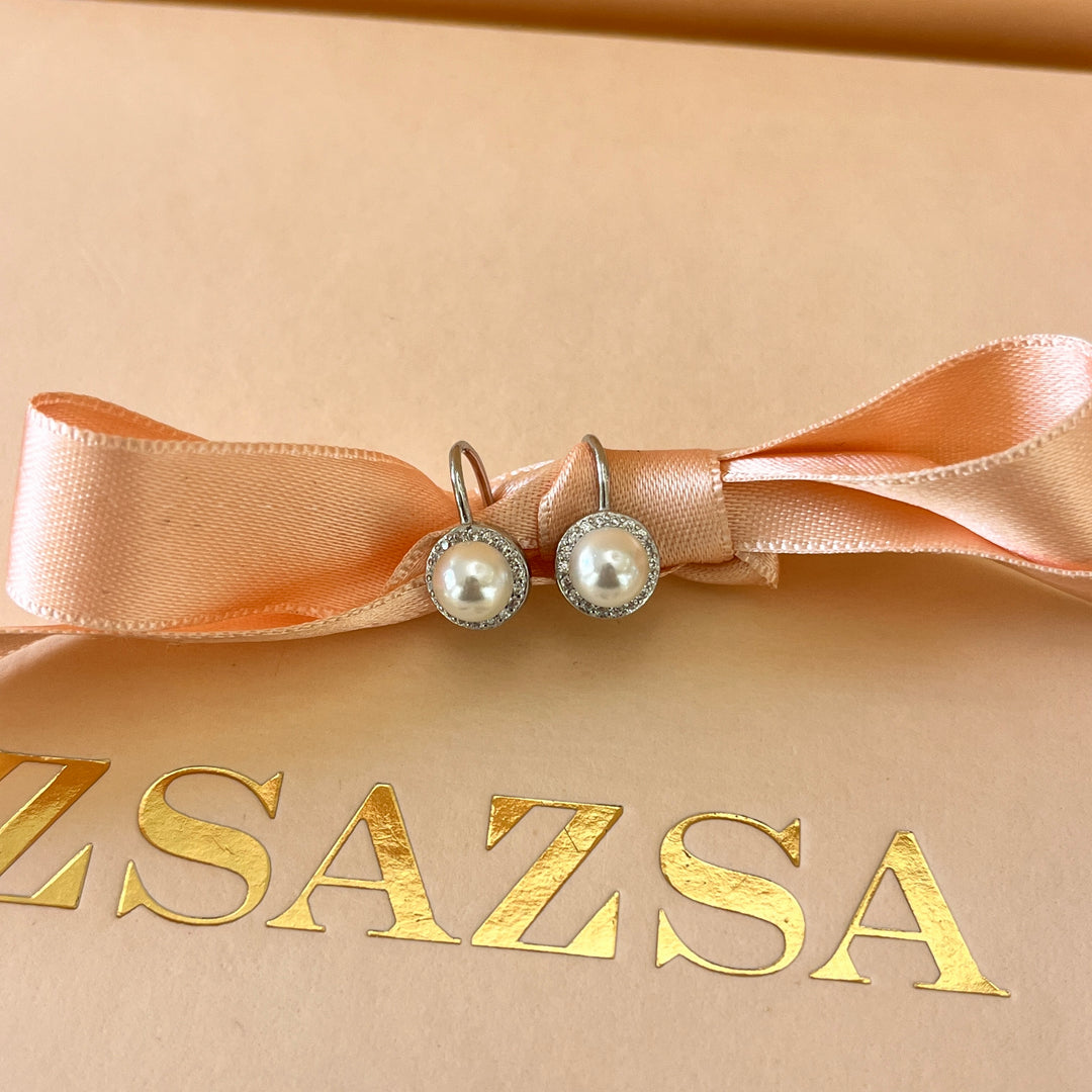 Zircone and white pearls sterling silver hooks