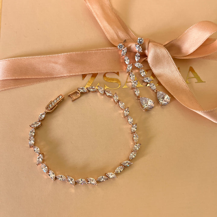 Teardrop and marquise zircone rose gold plated earrings and bracelet