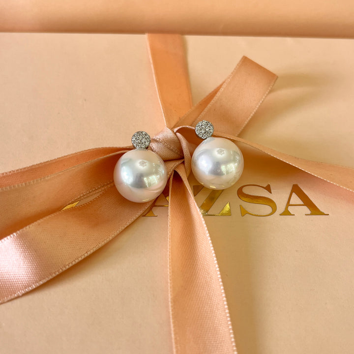 Zircone and white Mallorca pearls white gold plated studs