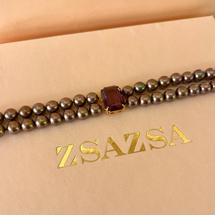 Purple Mallorca pearls gold plated choker and bracelet