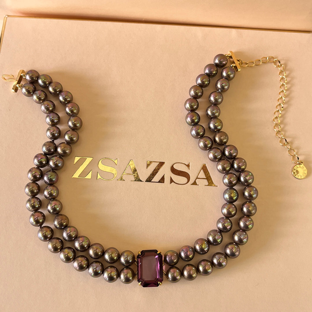 Purple Mallorca pearls gold plated choker and bracelet