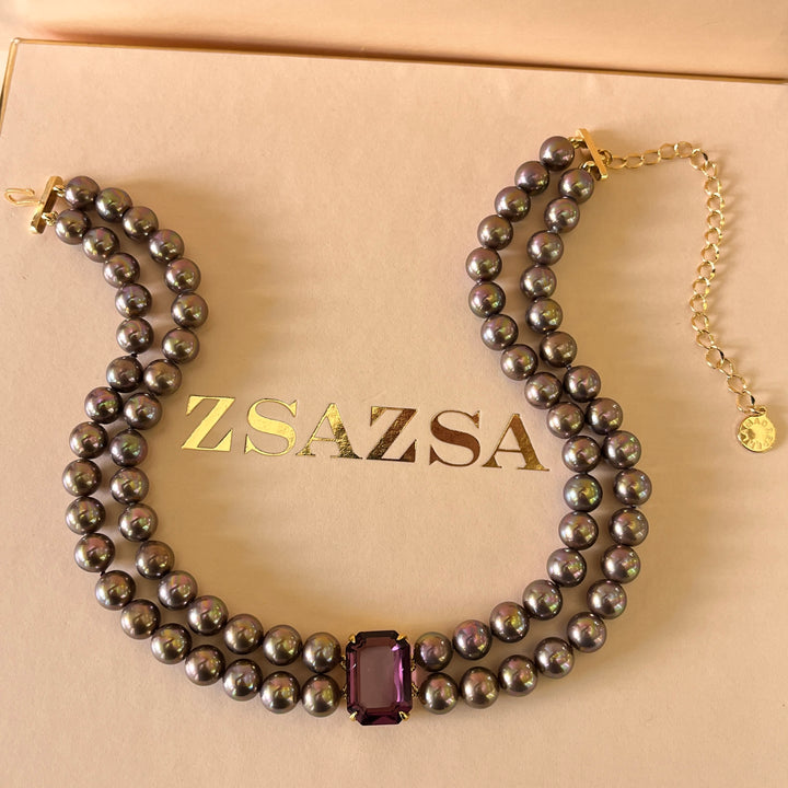 Purple Mallorca pearls gold plated choker and bracelet