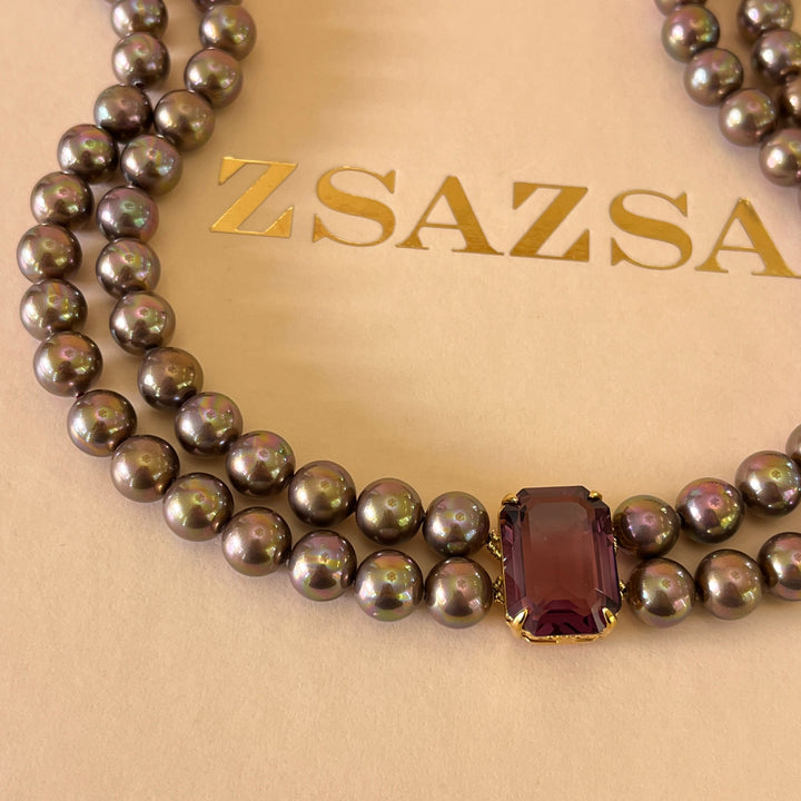 Purple Mallorca pearls gold plated choker and bracelet