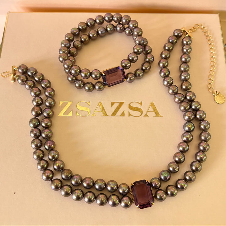 Purple Mallorca pearls gold plated choker and bracelet