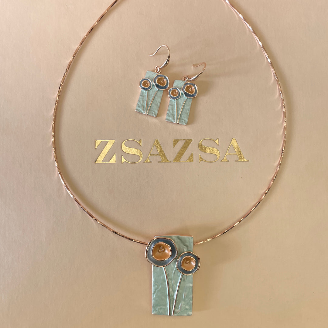 Enamel light turquoise, orange and light blue set