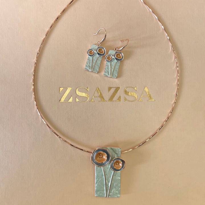 Enamel light turquoise, orange and light blue set