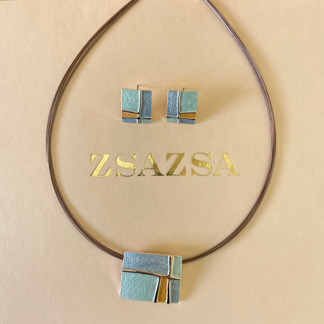 Enamel light blue, light turquoise and peach gold rose gold set