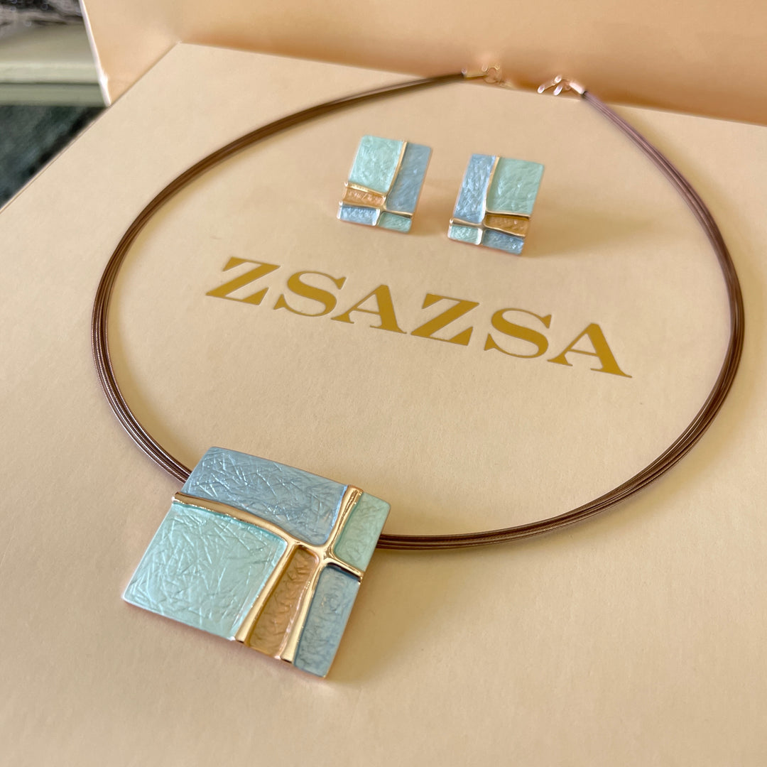 Enamel light blue, light turquoise and peach gold rose gold set