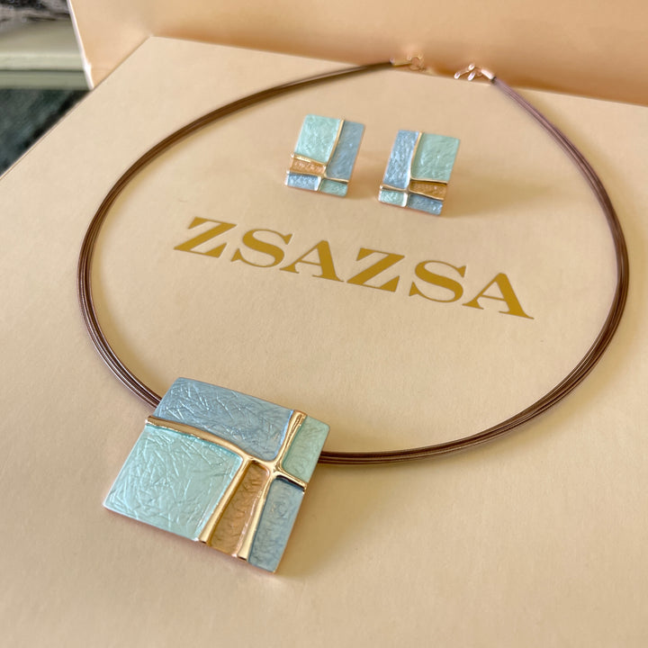 Enamel light blue, light turquoise and peach gold rose gold set