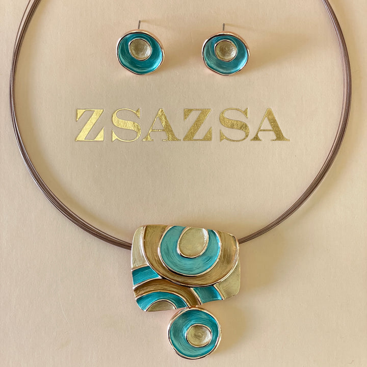 Enamel turquoise and gold rose gold set