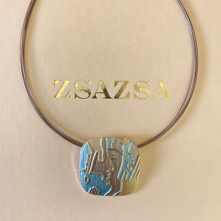 Enamel light turquoise, light grey and gold necklace