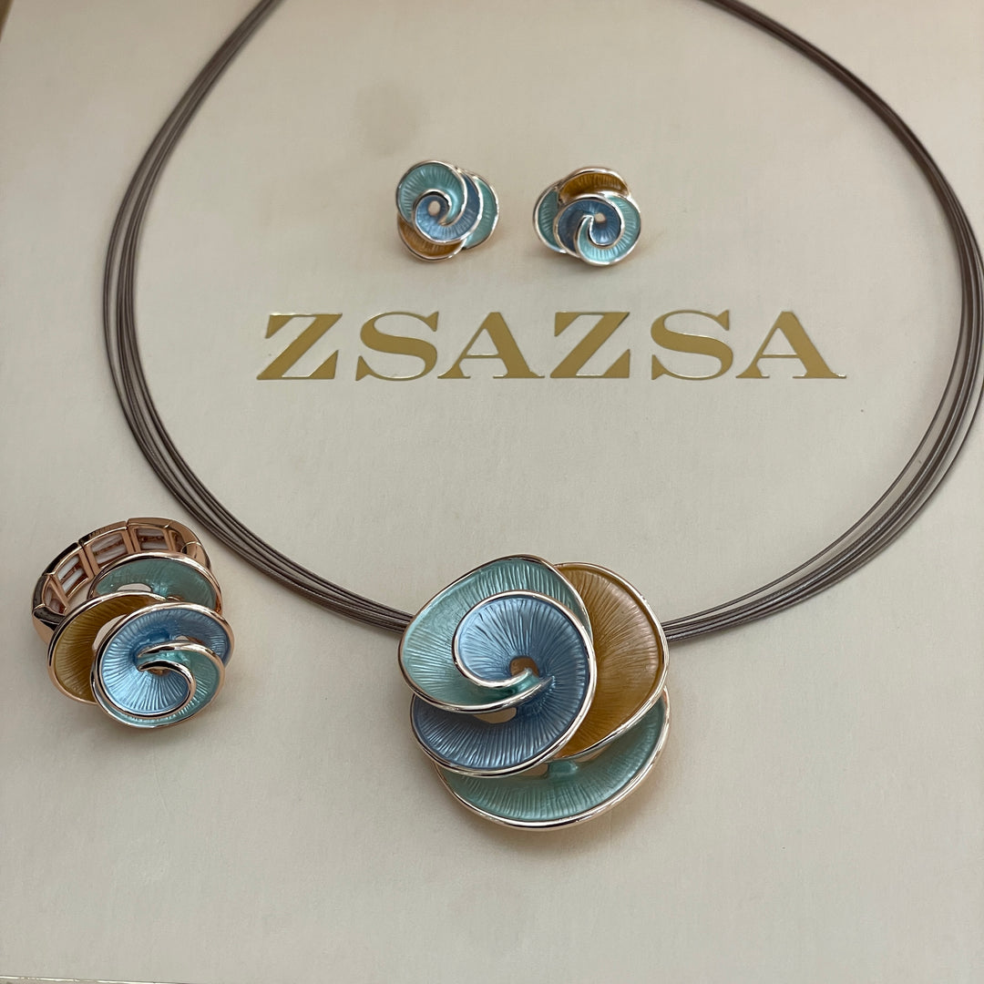 Enamel light blue, light turquoise and peach gold rose gold set