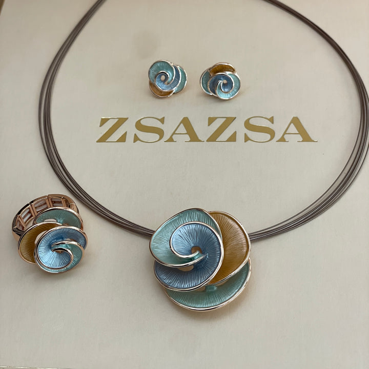 Enamel light blue, light turquoise and peach gold rose gold set