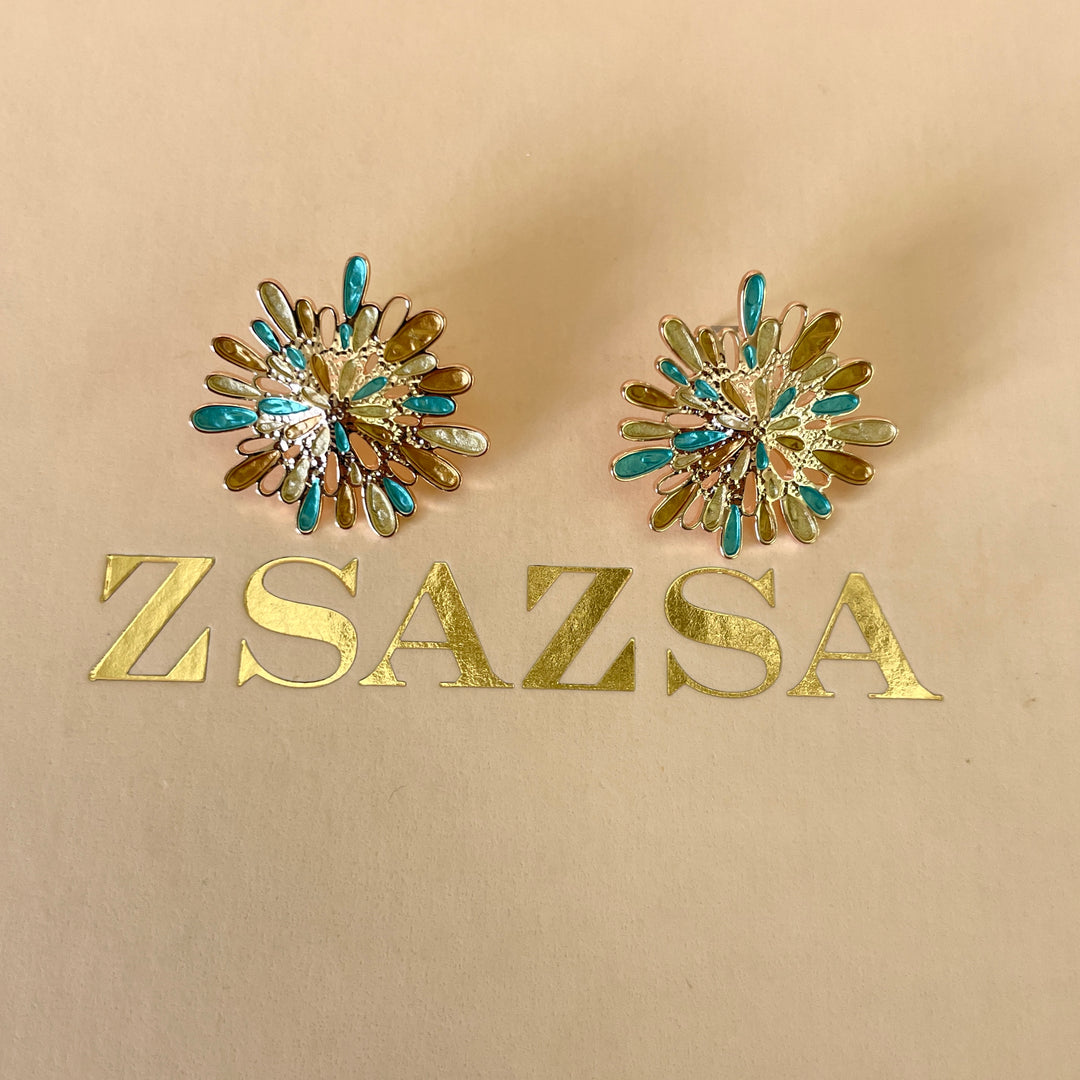 Enamel gold and turquoise rose gold plated earrings and ring