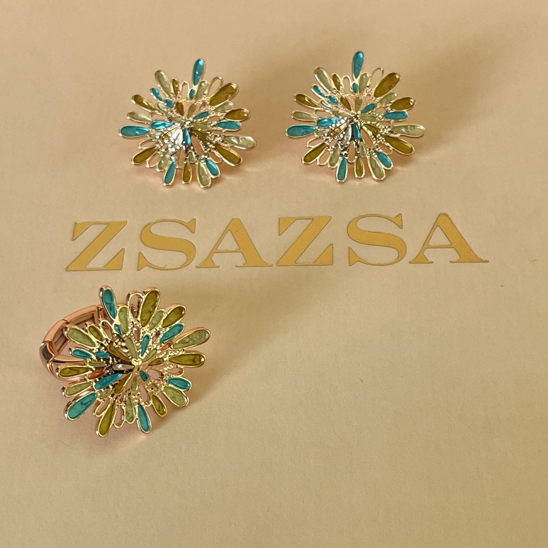 Enamel gold and turquoise rose gold plated earrings and ring