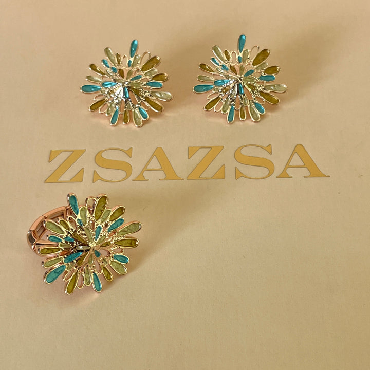 Enamel gold and turquoise rose gold plated earrings and ring
