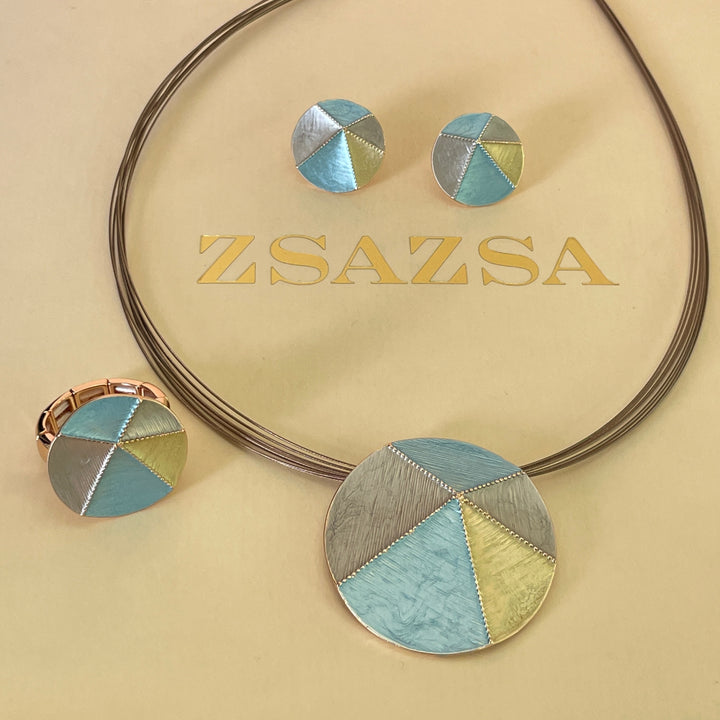 Enamel light turquoise, gold and light grey set
