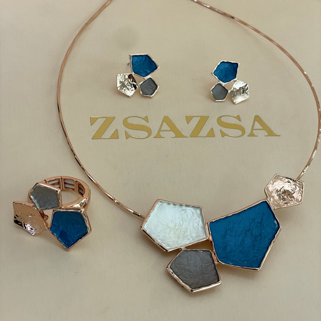 Enamel blue, white and grey rose gold set